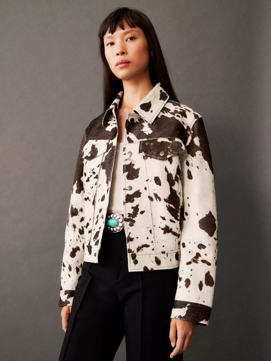 Elle | Cow Print Faux Fur Shirt Jacket