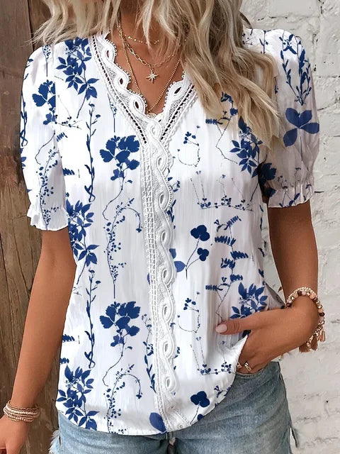 Summer V-Neck Short Sleeve Blouse for Women