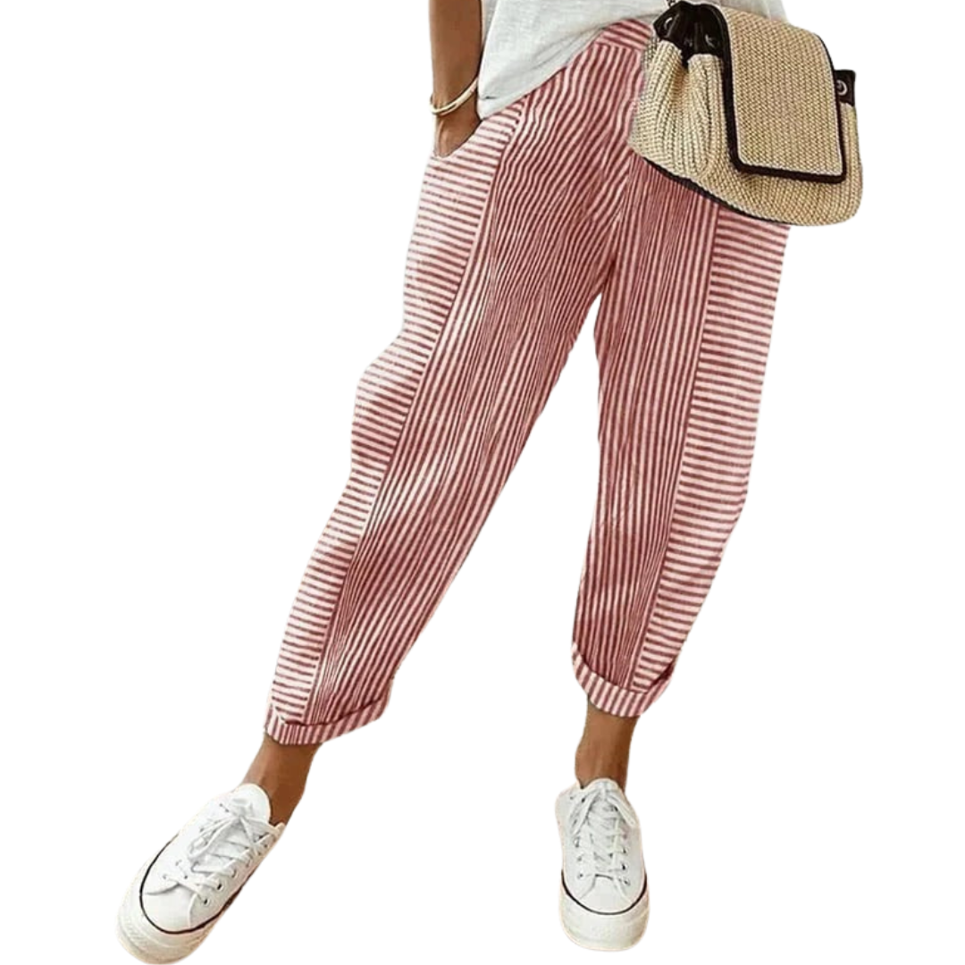 Women's Striped Loose Fit Trousers with Adjustable Drawstring