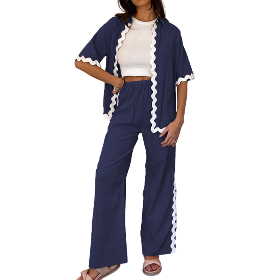 Women's Wavy Stitch Blouse and Pants Set