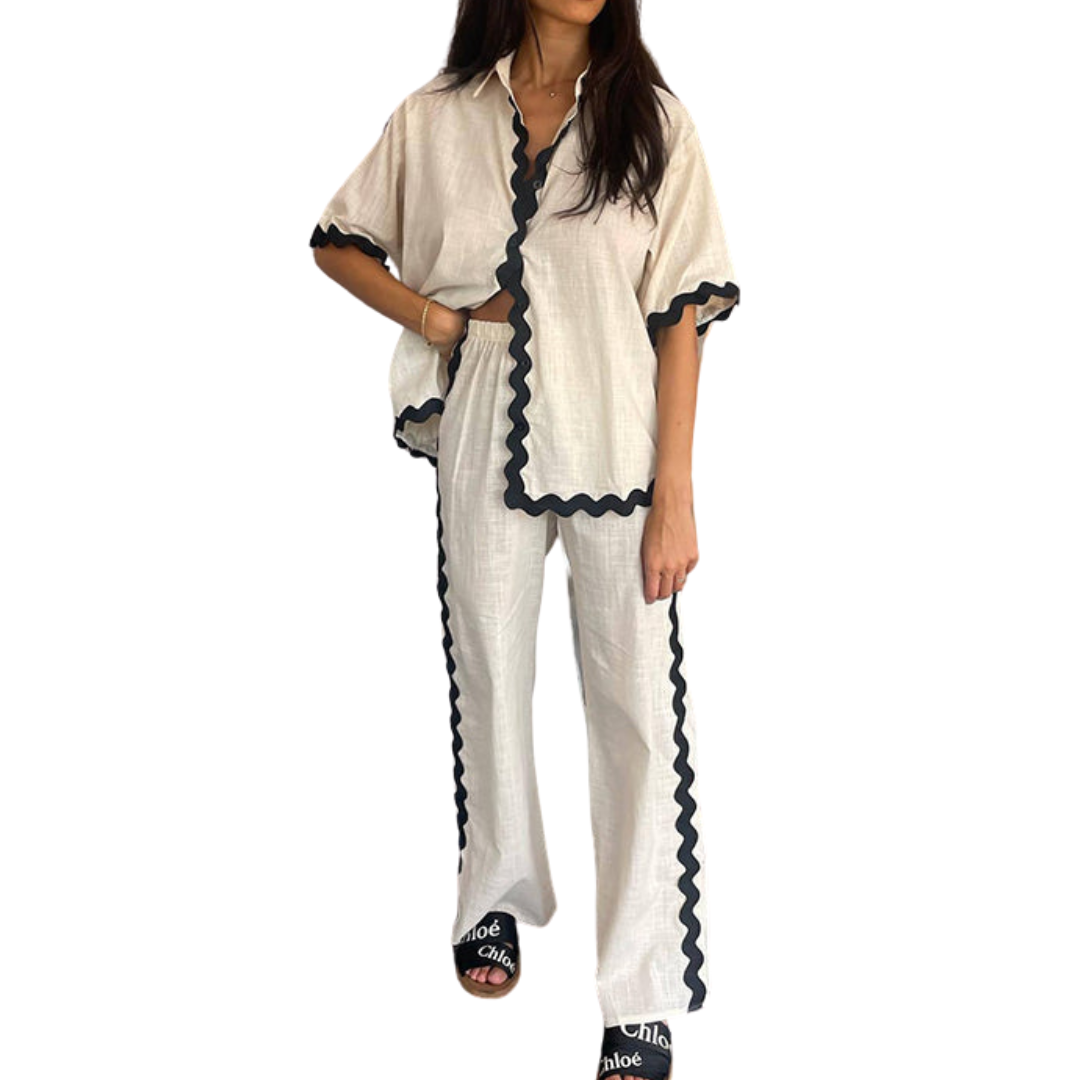 Women's Wavy Stitch Blouse and Pants Set