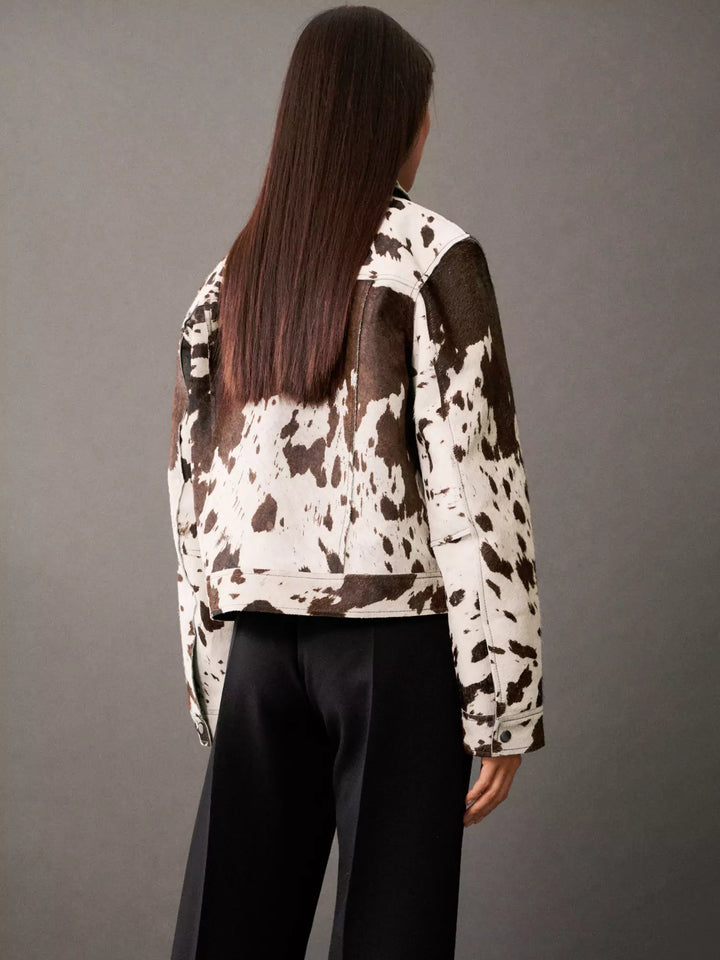 Elle | Cow Print Faux Fur Shirt Jacket