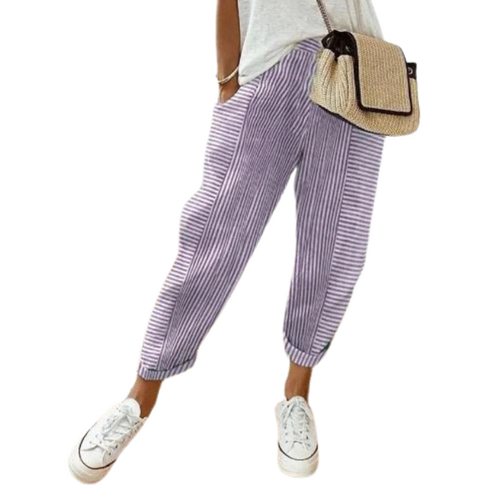 Women's Striped Loose Fit Trousers with Adjustable Drawstring