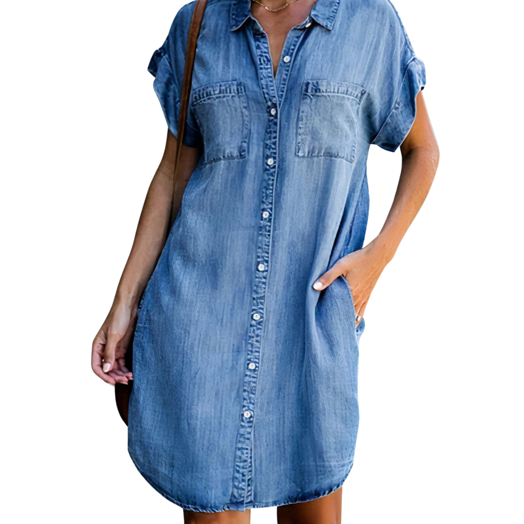 V-Neck Denim Skirt Dress for Women