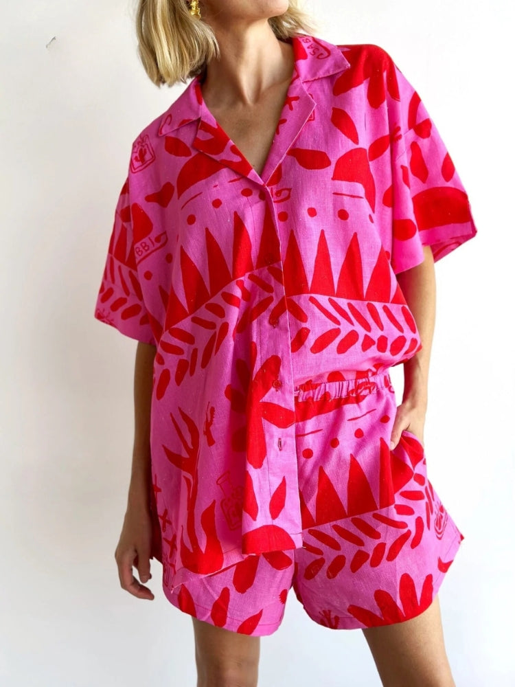 Women's Unique Printed Shirt and Waist Shorts Set