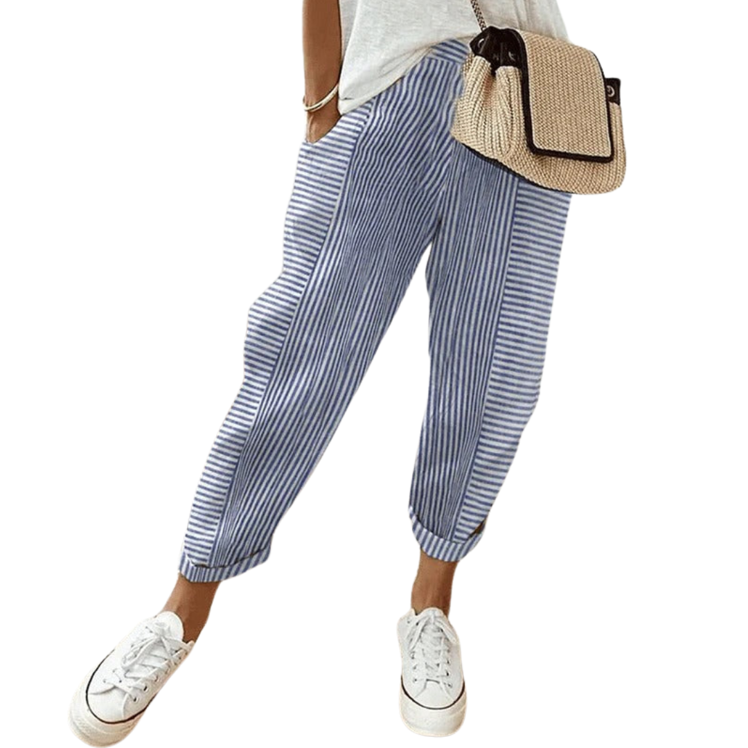 Women's Striped Loose Fit Trousers with Adjustable Drawstring