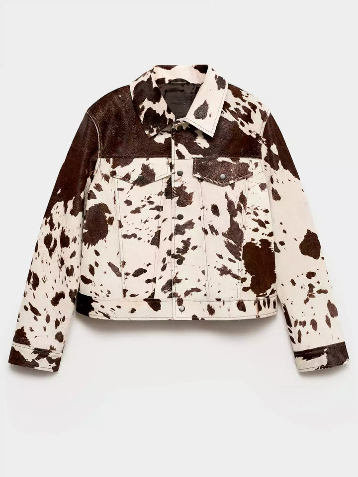 Elle | Cow Print Faux Fur Shirt Jacket