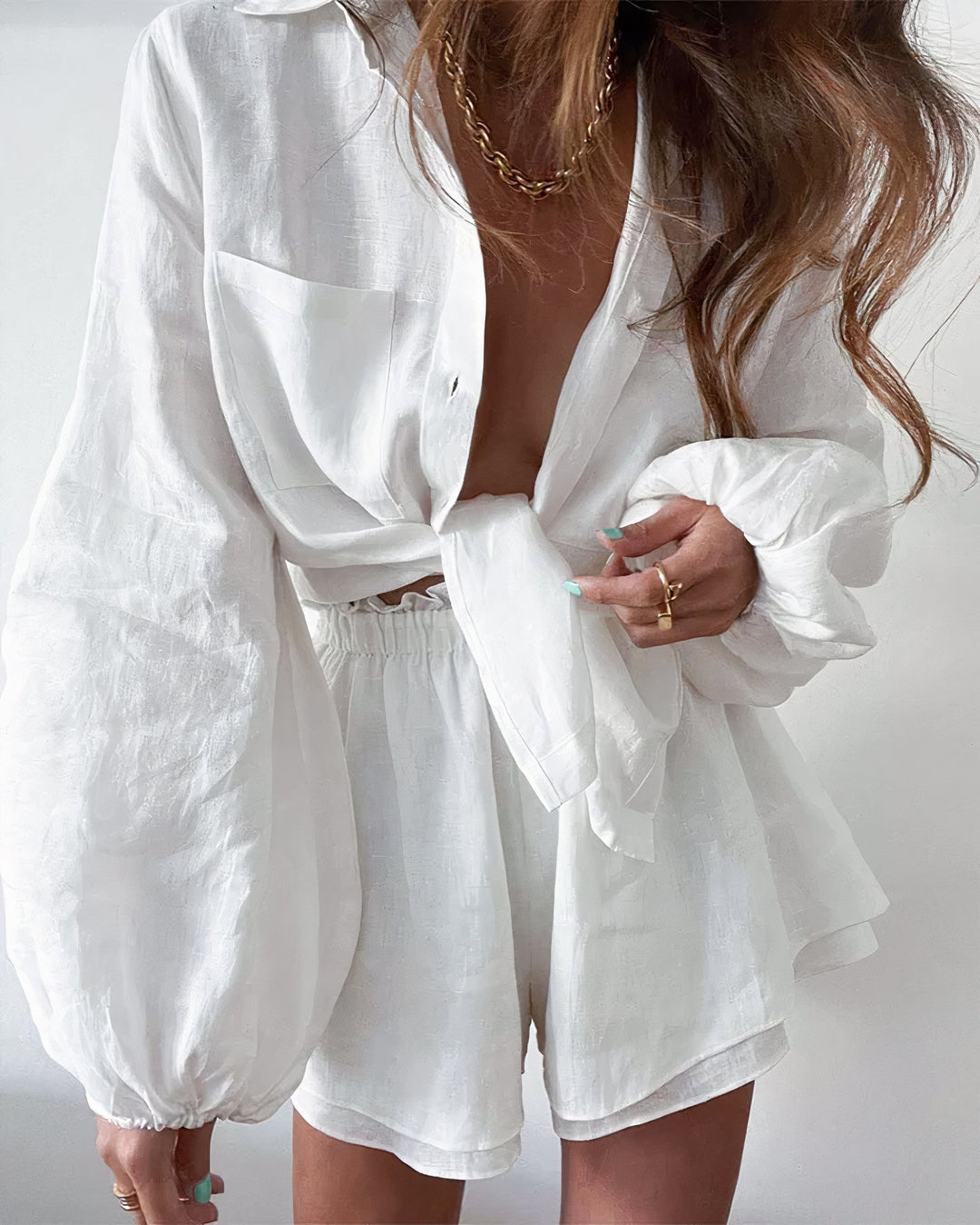 Women's Summer Long-Sleeve Blouse and Shorts Set