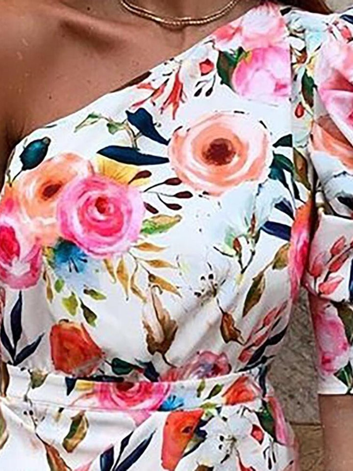 Women's Floral Print One-Sleeve Bodycon Dress