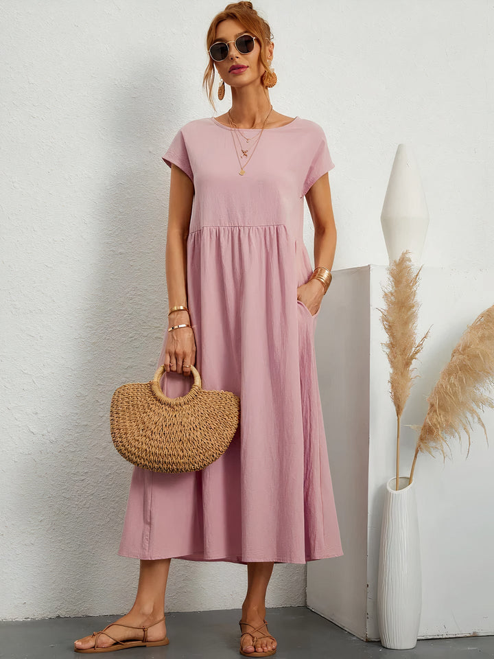 Loose Short Sleeve Pleated Midi Dress for Women