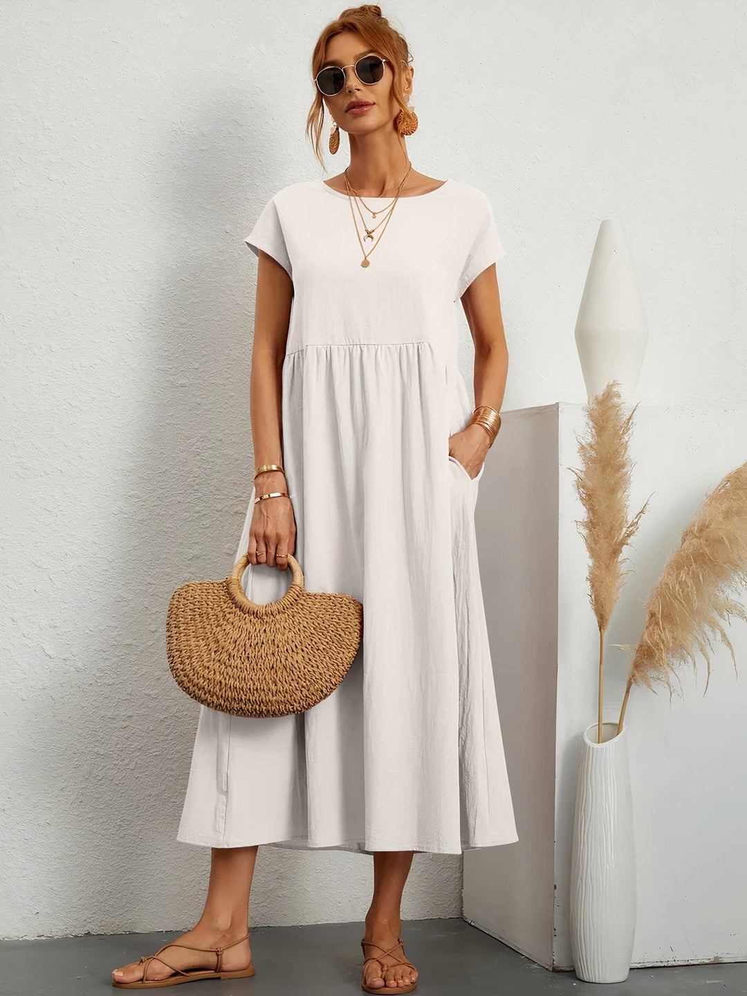 Loose Short Sleeve Pleated Midi Dress for Women