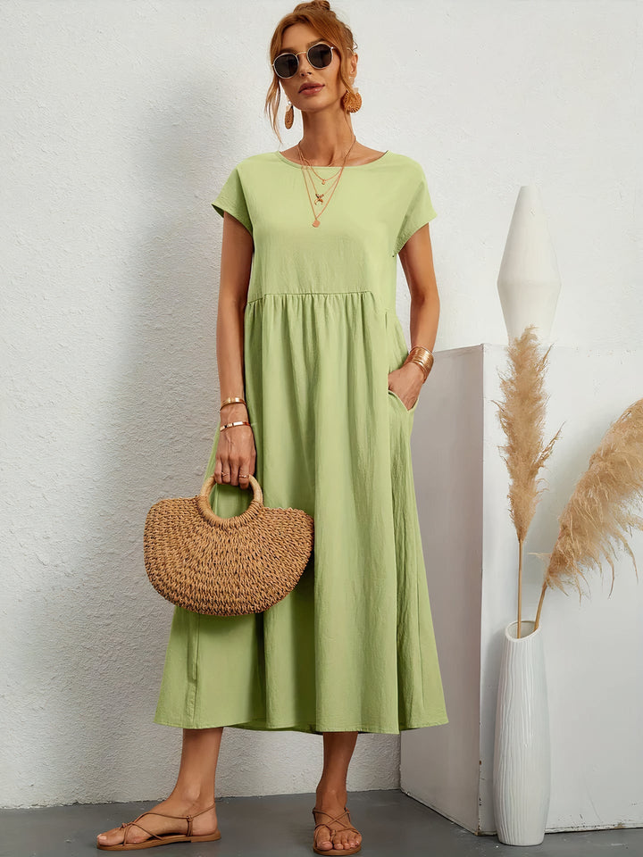 Loose Short Sleeve Pleated Midi Dress for Women