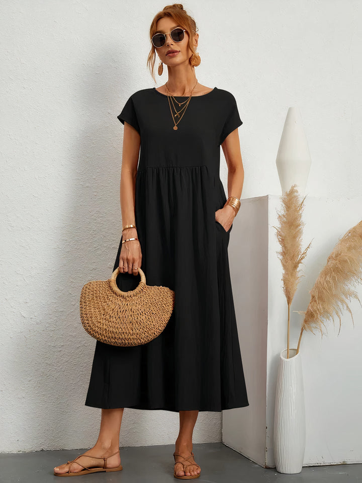 Loose Short Sleeve Pleated Midi Dress for Women