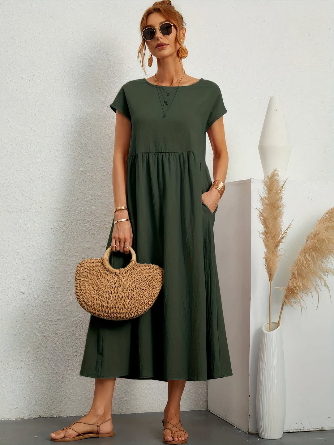 Loose Short Sleeve Pleated Midi Dress for Women