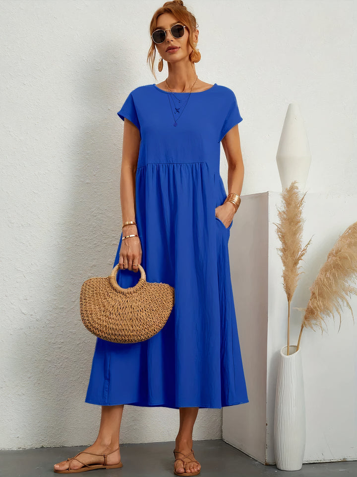 Loose Short Sleeve Pleated Midi Dress for Women