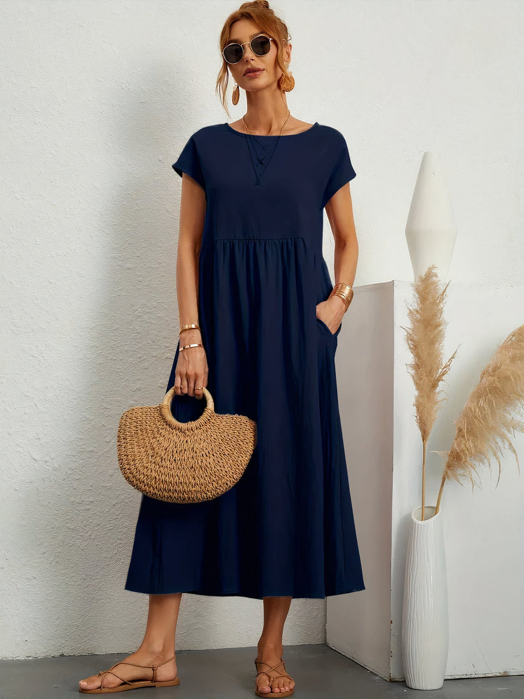 Loose Short Sleeve Pleated Midi Dress for Women