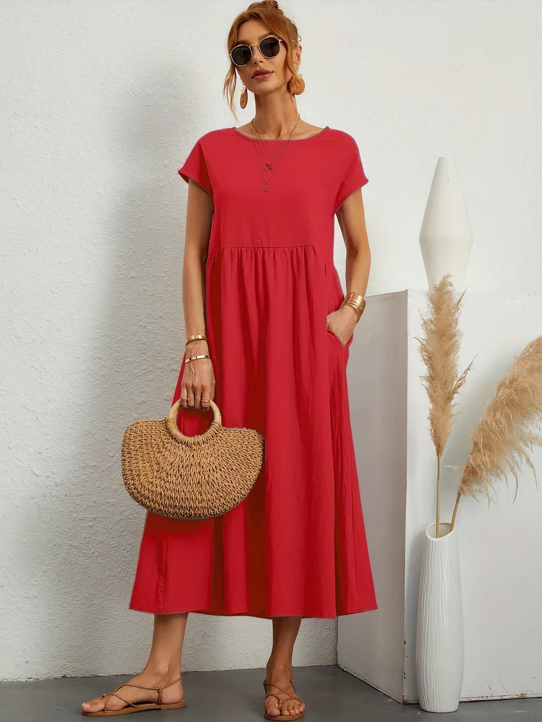 Loose Short Sleeve Pleated Midi Dress for Women