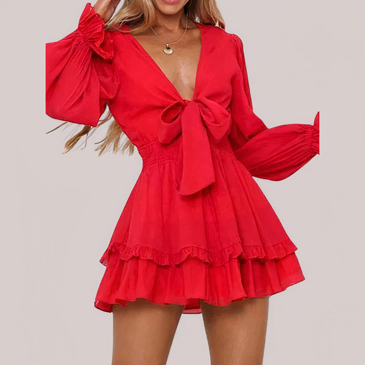 Flowy V-Neck Long Sleeve Mini Dress for Women