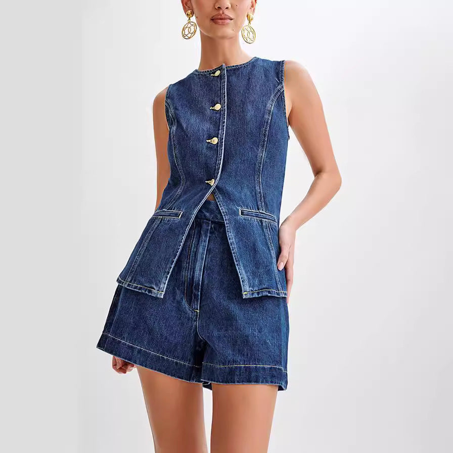 Vintage-Inspired Denim Two-Piece Set For Women