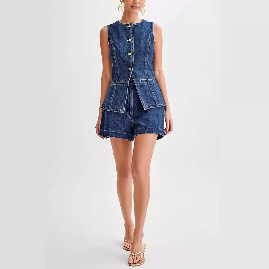 Vintage-Inspired Denim Two-Piece Set For Women