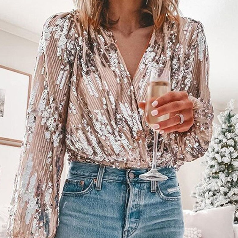 Sequin Long Sleeve Blouse for Women