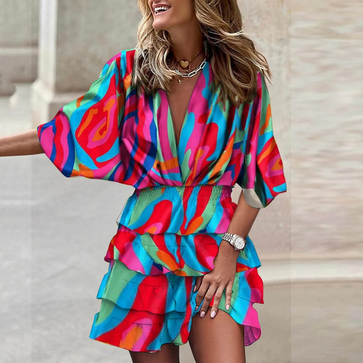 Women's V-neck Boho Print Mini Dress