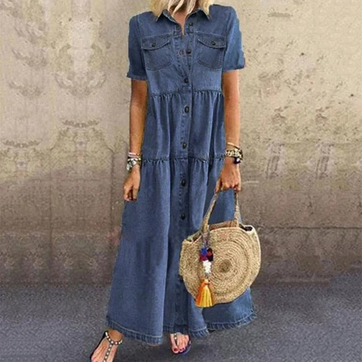 Button-Down Maxi Denim Dress for Women