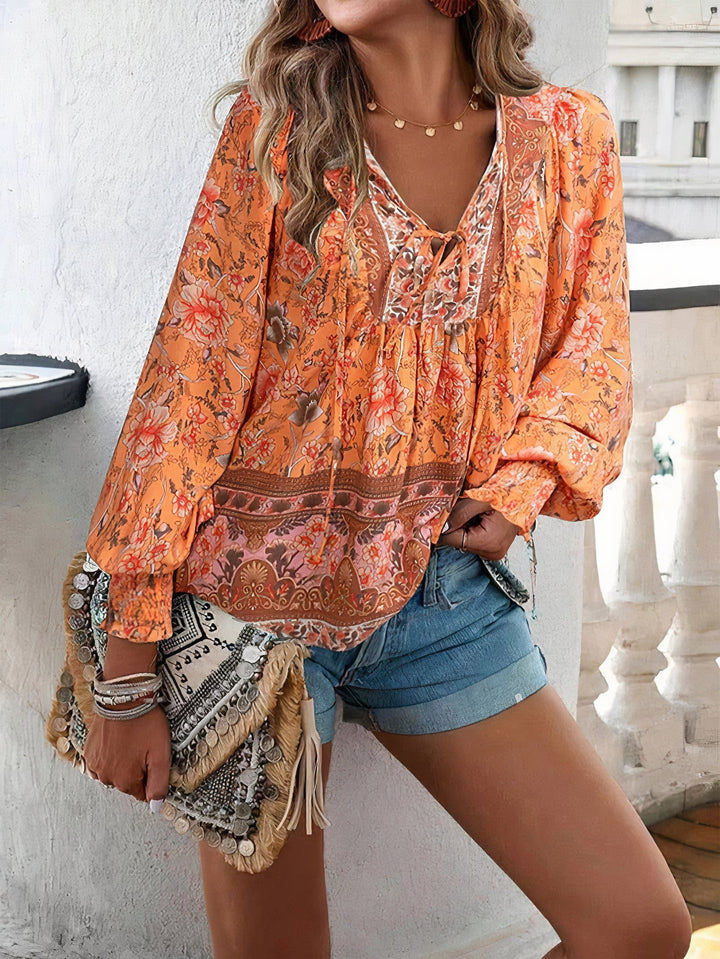 Women's Boho Floral Puff Sleeve Blouse