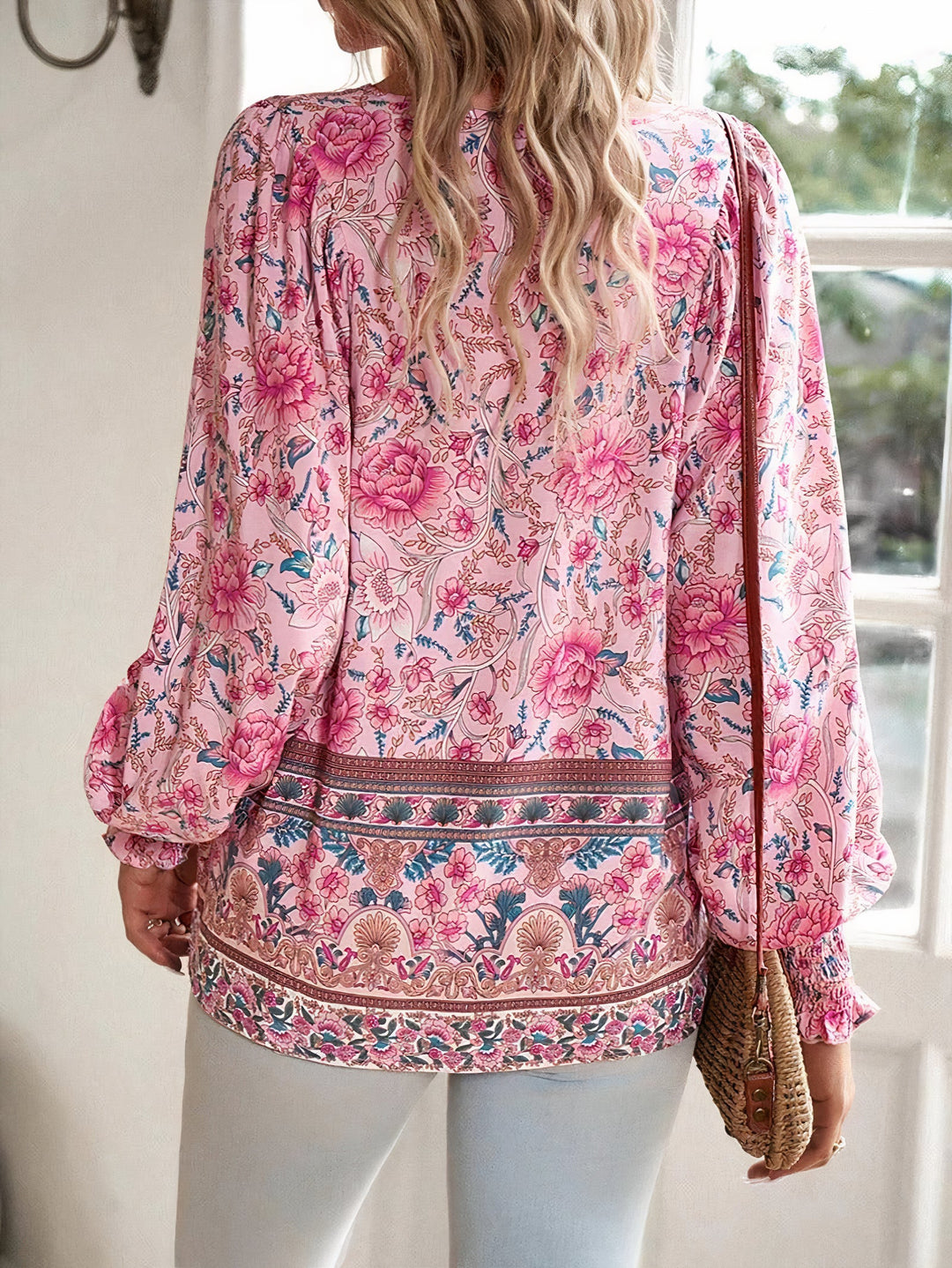 Women's Boho Floral Puff Sleeve Blouse