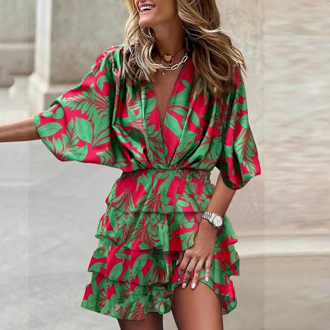 Women's V-neck Boho Print Mini Dress