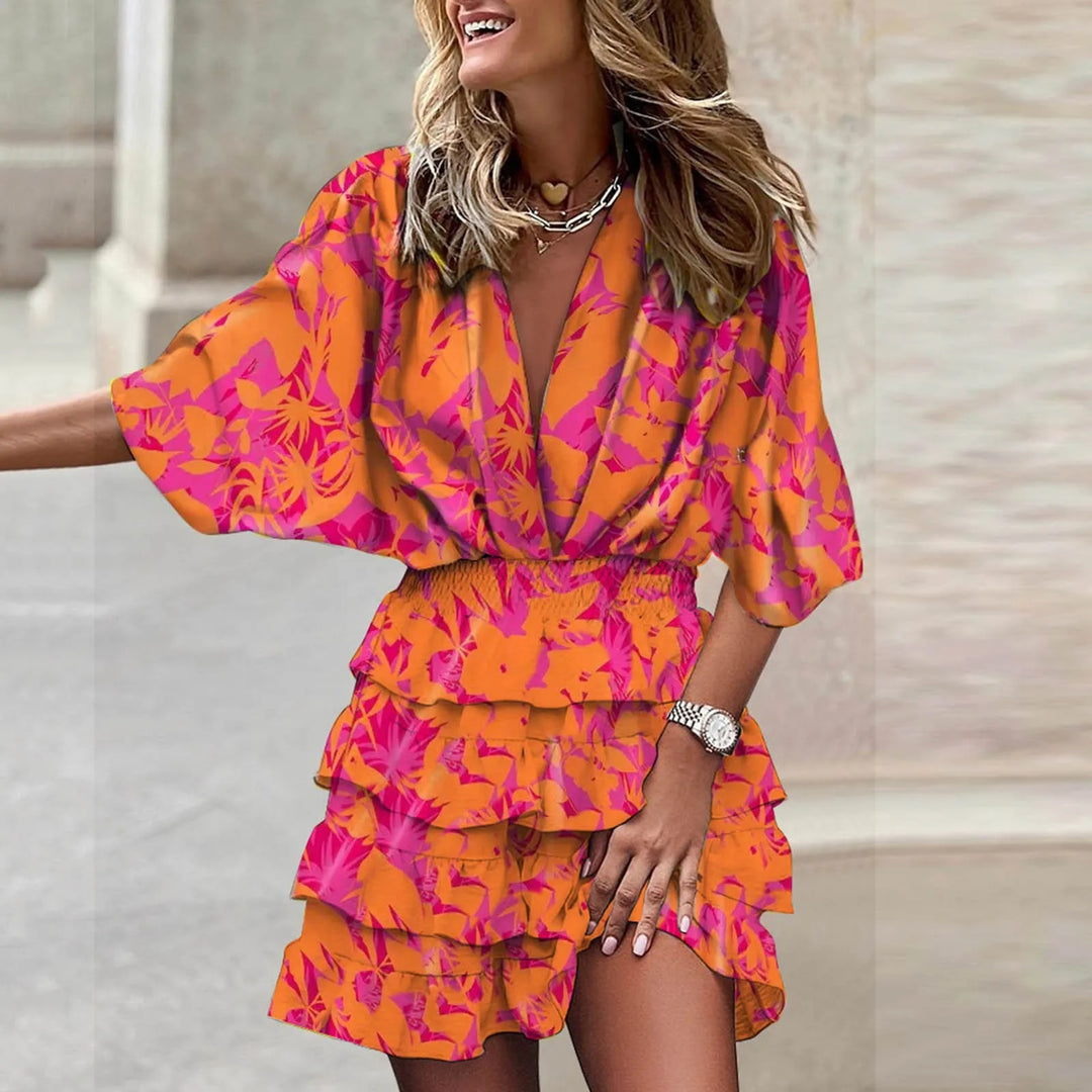 Women's V-neck Boho Print Mini Dress