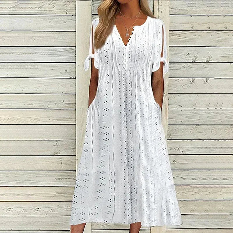 Long summer dress with short sleeves and prints