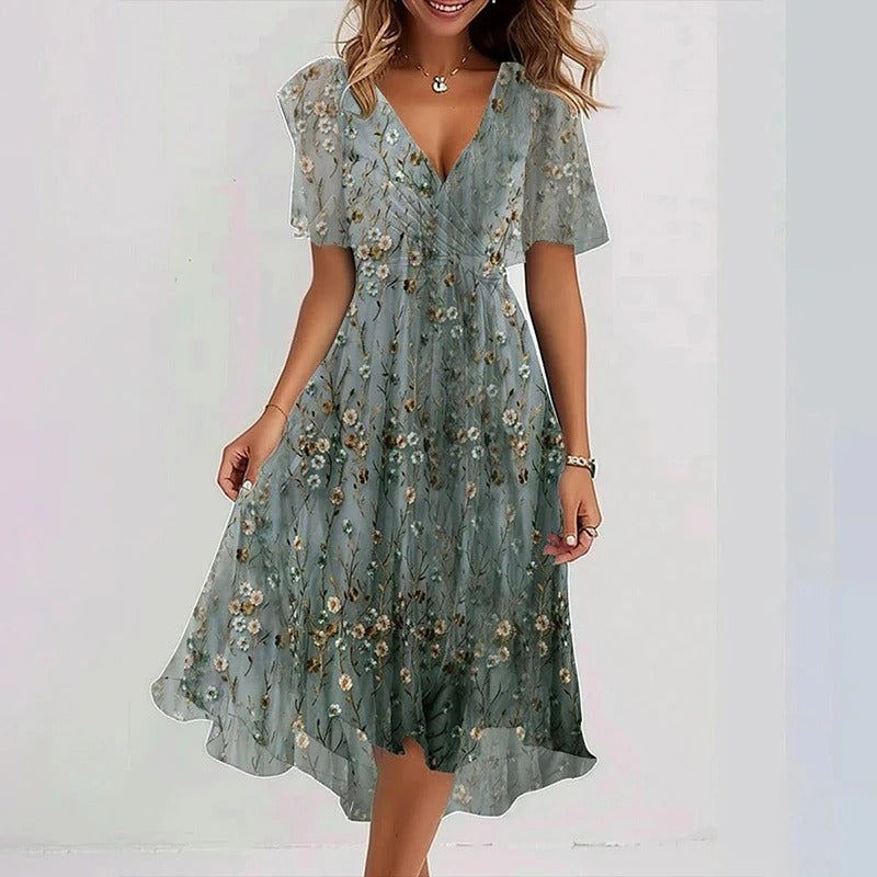 Floral V-Neck A-Line Mini Dress for Women