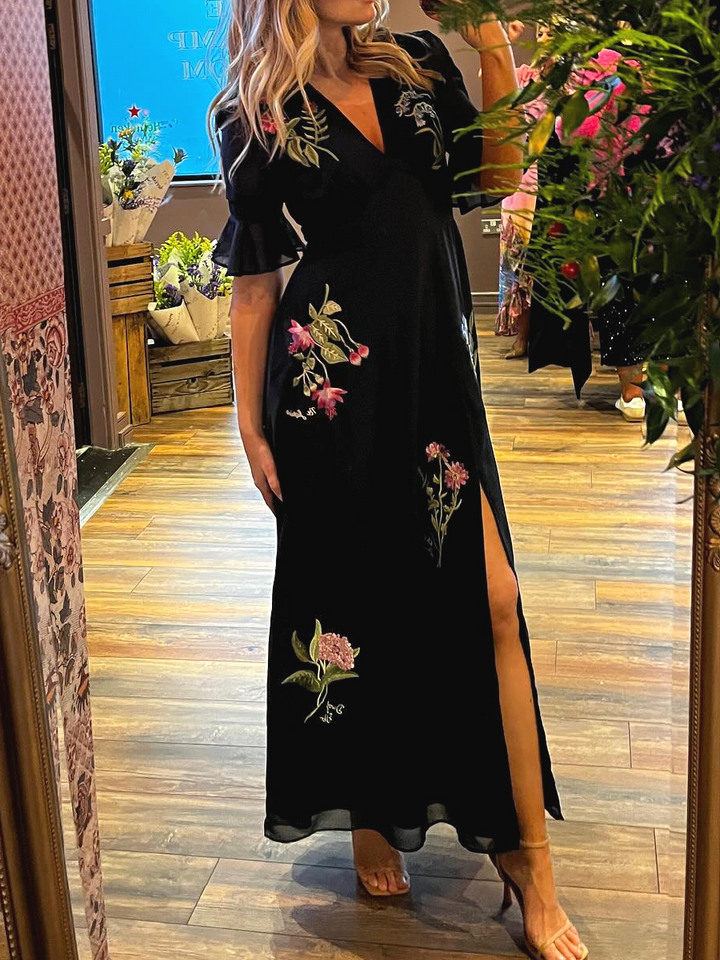 Pauline | Embroidered Floral V-Neck Maxi Dress