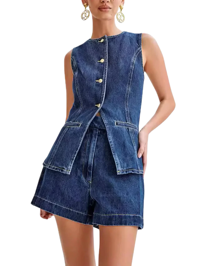 Women's Denim Sleeveless Top and Shorts Set