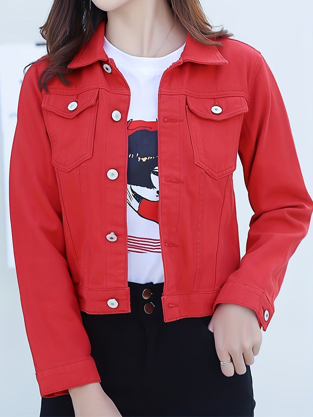 Button-Up Long Sleeve Denim Jacket for Women