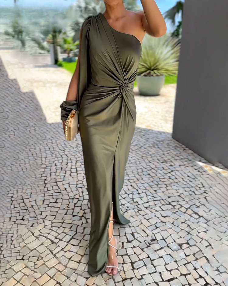 Women's One-Shoulder Knotted Slit Slim Dress