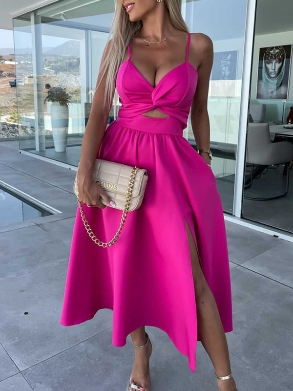 V-Neck Open Back Midi Dress for Women